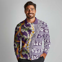 Hawaiian Plumeria Lei Long Sleeve Polo Shirt Kakau Motifs and Palaka Half Style Purple Color - Polynesian Pride