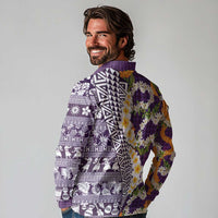 Hawaiian Plumeria Lei Long Sleeve Polo Shirt Kakau Motifs and Palaka Half Style Purple Color - Polynesian Pride