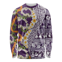 Hawaiian Plumeria Lei Long Sleeve Shirt Kakau Motifs and Palaka Half Style Purple Color - Polynesian Pride