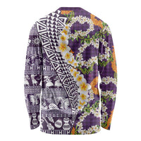 Hawaiian Plumeria Lei Long Sleeve Shirt Kakau Motifs and Palaka Half Style Purple Color - Polynesian Pride