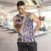 Hawaiian Plumeria Lei Men Tank Top Kakau Motifs and Palaka Half Style Purple Color - Polynesian Pride