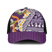 Hawaiian Plumeria Lei Mesh Trucker Cap Kakau Motifs and Palaka Half Style Purple Color - Polynesian Pride
