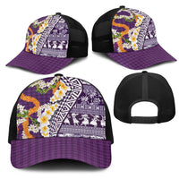 Hawaiian Plumeria Lei Mesh Trucker Cap Kakau Motifs and Palaka Half Style Purple Color - Polynesian Pride