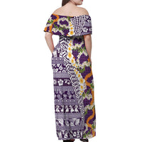Hawaiian Plumeria Lei Off Shoulder Maxi Dress Kakau Motifs and Palaka Half Style Purple Color - Polynesian Pride