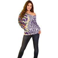 Hawaiian Plumeria Lei Off Shoulder Sweater Kakau Motifs and Palaka Half Style Purple Color - Polynesian Pride