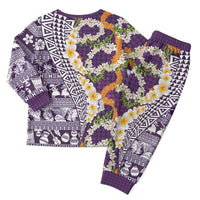 Hawaiian Plumeria Lei Christmas Pajama Set Kakau Motifs and Palaka Half Style Purple Color - Polynesian Pride