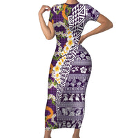 Hawaiian Plumeria Lei Short Sleeve Bodycon Dress Kakau Motifs and Palaka Half Style Purple Color - Polynesian Pride