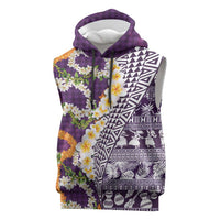 Hawaiian Plumeria Lei Sleeveless Hoodie Kakau Motifs and Palaka Half Style Purple Color - Polynesian Pride