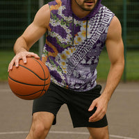 Hawaiian Plumeria Lei Sleeveless Hoodie Kakau Motifs and Palaka Half Style Purple Color - Polynesian Pride