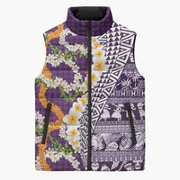 Hawaiian Plumeria Lei Sleeveless Puffer Jacket Kakau Motifs and Palaka Half Style Purple Color - Polynesian Pride