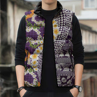 Hawaiian Plumeria Lei Sleeveless Puffer Jacket Kakau Motifs and Palaka Half Style Purple Color - Polynesian Pride