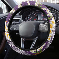 Hawaiian Plumeria Lei Steering Wheel Cover Kakau Motifs and Palaka Half Style Purple Color - Polynesian Pride