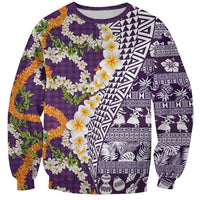 Hawaiian Plumeria Lei Sweatshirt Kakau Motifs and Palaka Half Style Purple Color - Polynesian Pride