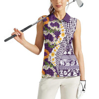 Hawaiian Plumeria Lei Women Sleeveless Polo Shirt Kakau Motifs and Palaka Half Style Purple Color - Polynesian Pride