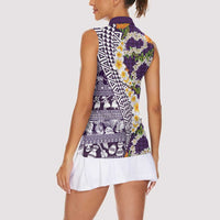 Hawaiian Plumeria Lei Women Sleeveless Polo Shirt Kakau Motifs and Palaka Half Style Purple Color - Polynesian Pride
