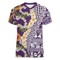 Hawaiian Plumeria Lei Women V-Neck T-Shirt Kakau Motifs and Palaka Half Style Purple Color - Polynesian Pride