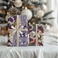 Hawaiian Plumeria Lei Wrapping Paper Kakau Motifs and Palaka Half Style Purple Color - Polynesian Pride