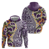 Hawaiian Plumeria Lei Zip Hoodie Kakau Motifs and Palaka Half Style Purple Color - Polynesian Pride