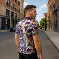 Hawaiian Plumeria Lei Zipper Polo Shirt Kakau Motifs and Palaka Half Style Purple Color - Polynesian Pride