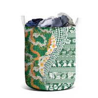 Hawaiian Plumeria Lei Laundry Basket Kakau Motifs and Palaka Half Style Green Color - Polynesian Pride