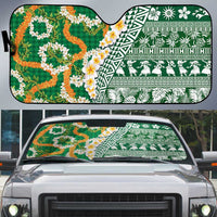 Hawaiian Plumeria Lei Auto Sun Shade Kakau Motifs and Palaka Half Style Green Color - Polynesian Pride