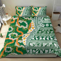 Hawaiian Plumeria Lei Bedding Set Kakau Motifs and Palaka Half Style Green Color - Polynesian Pride