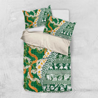 Hawaiian Plumeria Lei Bedding Set Kakau Motifs and Palaka Half Style Green Color - Polynesian Pride