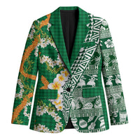 Hawaiian Plumeria Lei Blazer Kakau Motifs and Palaka Half Style Green Color - Polynesian Pride