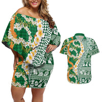Hawaiian Plumeria Lei Couples Matching Off Shoulder Short Dress and Hawaiian Shirt Kakau Motifs and Palaka Half Style Green Color - Polynesian Pride
