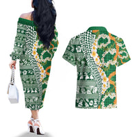 Hawaiian Plumeria Lei Couples Matching Off The Shoulder Long Sleeve Dress and Hawaiian Shirt Kakau Motifs and Palaka Half Style Green Color - Polynesian Pride