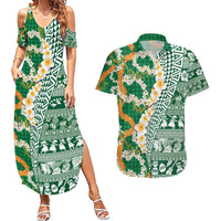 Hawaiian Plumeria Lei Couples Matching Summer Maxi Dress and Hawaiian Shirt Kakau Motifs and Palaka Half Style Green Color - Polynesian Pride