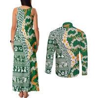 Hawaiian Plumeria Lei Couples Matching Tank Maxi Dress and Long Sleeve Button Shirt Kakau Motifs and Palaka Half Style Green Color - Polynesian Pride