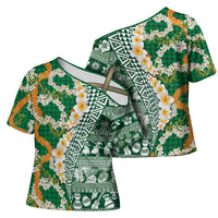 Hawaiian Plumeria Lei Cross Shoulder Shirt Kakau Motifs and Palaka Half Style Green Color - Polynesian Pride