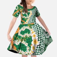Hawaiian Plumeria Lei Family Matching Long Sleeve Bodycon Dress and Hawaiian Shirt Kakau Motifs and Palaka Half Style Green Color - Polynesian Pride