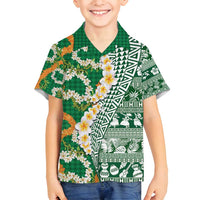 Hawaiian Plumeria Lei Family Matching Long Sleeve Bodycon Dress and Hawaiian Shirt Kakau Motifs and Palaka Half Style Green Color - Polynesian Pride