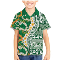 Hawaiian Plumeria Lei Family Matching Mermaid Dress and Hawaiian Shirt Kakau Motifs and Palaka Half Style Green Color - Polynesian Pride