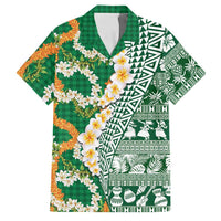 Hawaiian Plumeria Lei Family Matching Off The Shoulder Long Sleeve Dress and Hawaiian Shirt Kakau Motifs and Palaka Half Style Green Color LT03 Dad's Shirt - Short Sleeve Green - Polynesian Pride