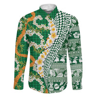 Hawaiian Plumeria Lei Family Matching Off Shoulder Maxi Dress and Hawaiian Shirt Kakau Motifs and Palaka Half Style Green Color LT03 Dad's Shirt - Long Sleeve Green - Polynesian Pride
