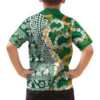 Hawaiian Plumeria Lei Family Matching Off Shoulder Short Dress and Hawaiian Shirt Kakau Motifs and Palaka Half Style Green Color LT03 - Polynesian Pride