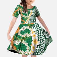 Hawaiian Plumeria Lei Family Matching Short Sleeve Bodycon Dress and Hawaiian Shirt Kakau Motifs and Palaka Half Style Green Color LT03 Daughter's Dress Green - Polynesian Pride