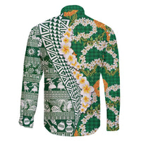 Hawaiian Plumeria Lei Family Matching Short Sleeve Bodycon Dress and Hawaiian Shirt Kakau Motifs and Palaka Half Style Green Color - Polynesian Pride