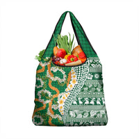 Hawaiian Plumeria Lei Grocery Bag Kakau Motifs and Palaka Half Style Green Color - Polynesian Pride