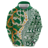 Hawaiian Plumeria Lei Hoodie Kakau Motifs and Palaka Half Style Green Color - Polynesian Pride