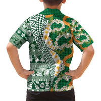 Hawaiian Plumeria Lei Kid Hawaiian Shirt Kakau Motifs and Palaka Half Style Green Color - Polynesian Pride