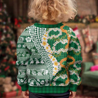 Hawaiian Plumeria Lei Kid Ugly Christmas Sweater Kakau Motifs and Palaka Half Style Green Color - Polynesian Pride