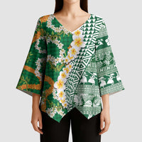 Hawaiian Plumeria Lei Kimono Sleeve Blouse Kakau Motifs and Palaka Half Style Green Color - Polynesian Pride