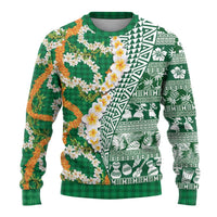 Hawaiian Plumeria Lei Ugly Christmas Sweater Kakau Motifs and Palaka Half Style Green Color - Polynesian Pride