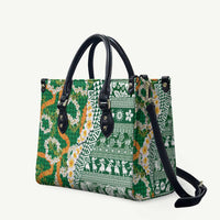 Hawaiian Plumeria Lei Leather Bag Kakau Motifs and Palaka Half Style Green Color - Polynesian Pride