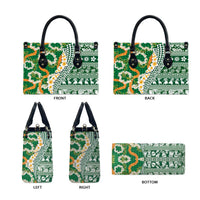 Hawaiian Plumeria Lei Leather Bag Kakau Motifs and Palaka Half Style Green Color - Polynesian Pride