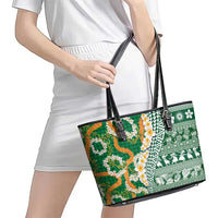Hawaiian Plumeria Lei Leather Tote Bag Kakau Motifs and Palaka Half Style Green Color - Polynesian Pride